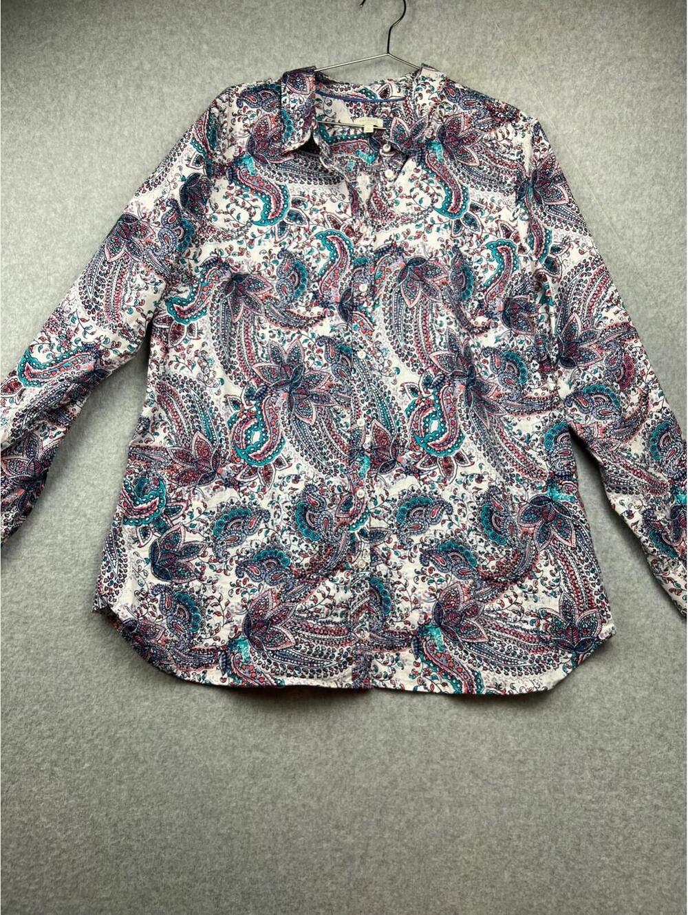 Talbots Button Up Shirt Womens Size XL Paisley Floral Roll Tab Sleeves Causal